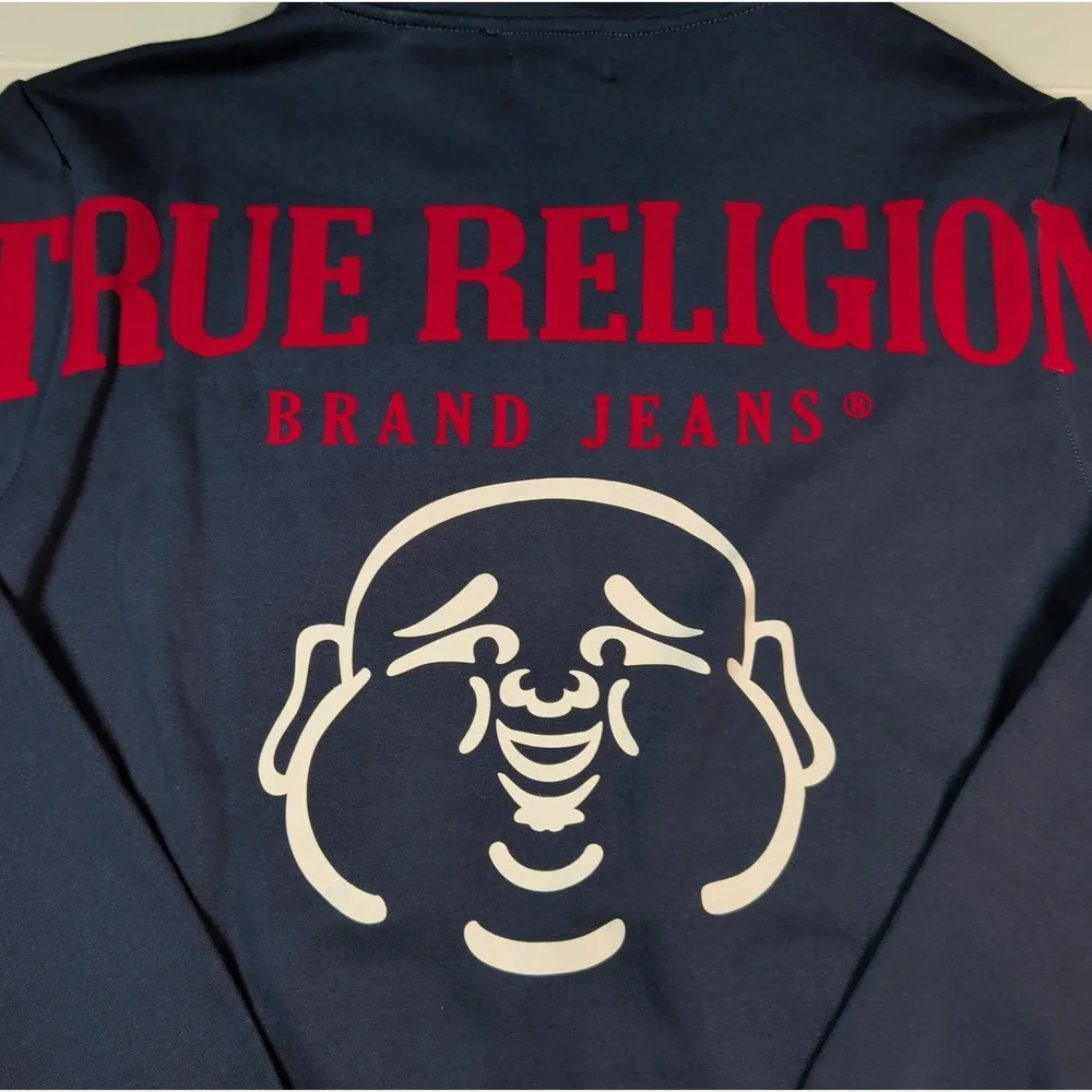 True Religion Zip Hoodie Mens Large Navy Blue Buddha Graphic Logo 106659